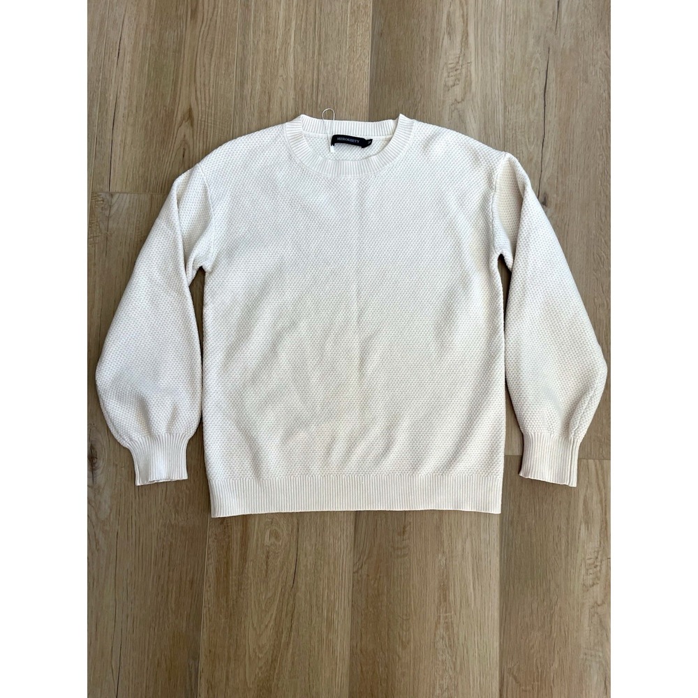 MEROKEETY Women Medium Cream Ivory Waffle Honeycomb Knit Balloon Sleeve Sweater
